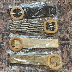 Black and Tan Woven Elastic Belts with Brass Buckles